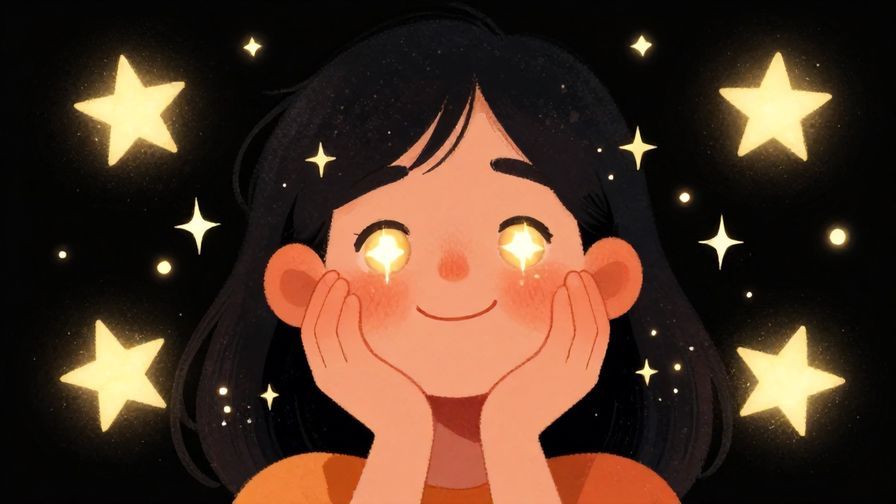 Illustration of a person with sparkling eyes, hands on cheeks, surrounded by stars and joyful energy
