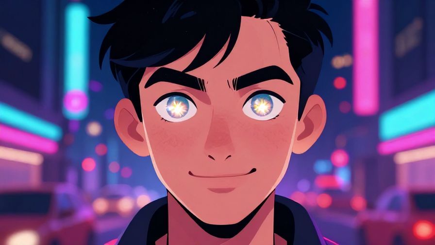 Illustration of a person with sparkling sharp eyes, confident smile, neon city street background, nighttime, vibrant colors