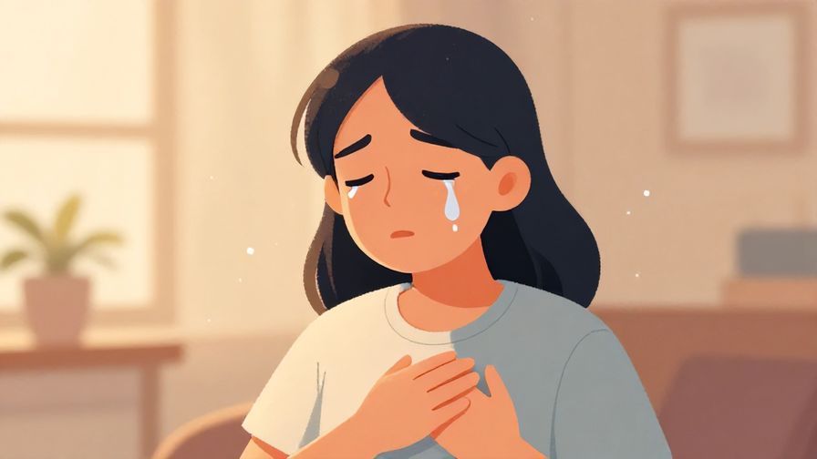 Illustration of a person with tears of joy, hands over chest, in a softly lit room with warm colors and floating light particles
