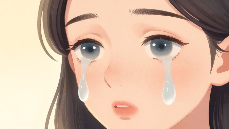 Illustration of a person with watery eyes and a trembling lip, soft pastel background, gentle lighting, illustrated style