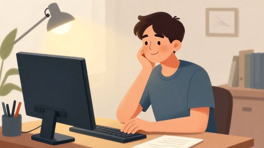 Illustration of a person working at a desk with a peaceful smile, soft ambient light emphasizing calm persistence