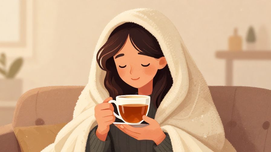 Illustration of a person wrapped in a cozy blanket, sipping tea, smiling softly, warm tones