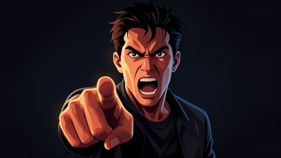 Illustration of a person yelling with a stern face, finger pointed forward, dramatic lighting and intense colors