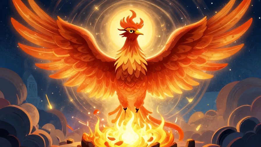 Illustration of a phoenix rising from ashes with soft glowing light, symbolizing rebirth and fortune, detailed background, vibrant colors, illustrated style