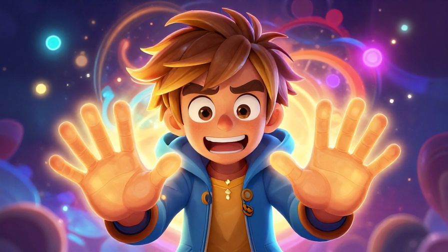 Illustration of a playful character looking mischievous with glowing hands, colorful magical background