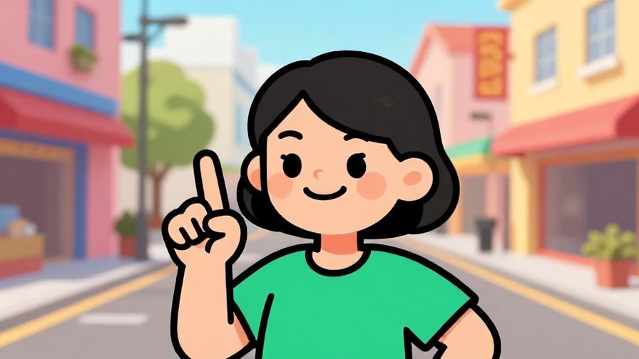 Illustration of a playful character raising a finger with a teasing smile, colorful street background