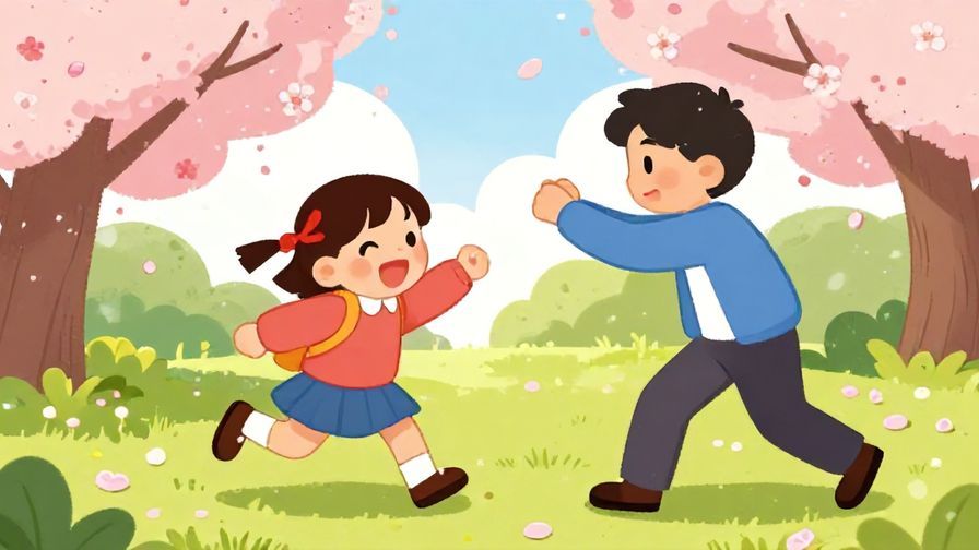 Illustration of a playful character urging a friend forward with excitement, park setting with cherry blossoms, vibrant colors