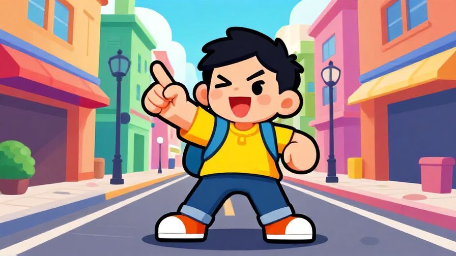Illustration of a playful character winking and pointing finger, colorful urban street scene, energetic vibe