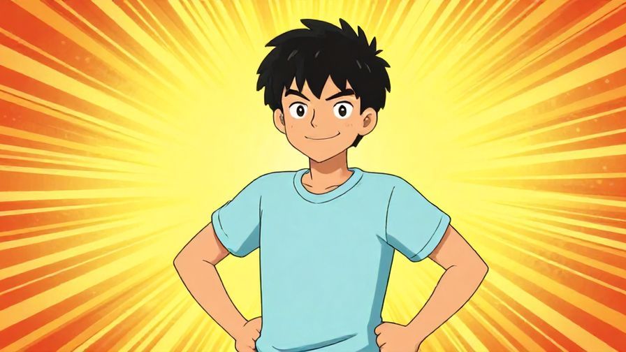 Illustration of a playful character with hands on hips, smirking confidently, bright comic-style background