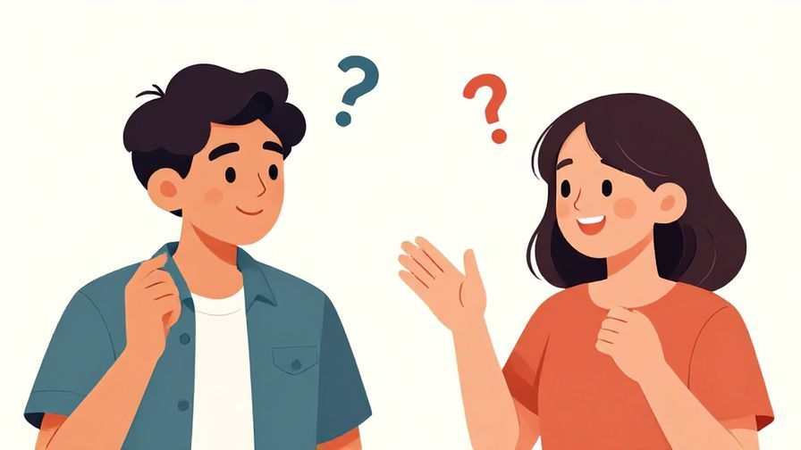 Illustration of a playful conversation between two young people, one asking a quick question with a grin
