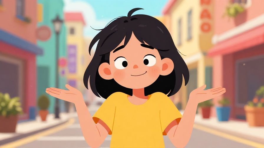Illustration of a playful, dismissive character shrugging with a cheeky smile, colorful street background