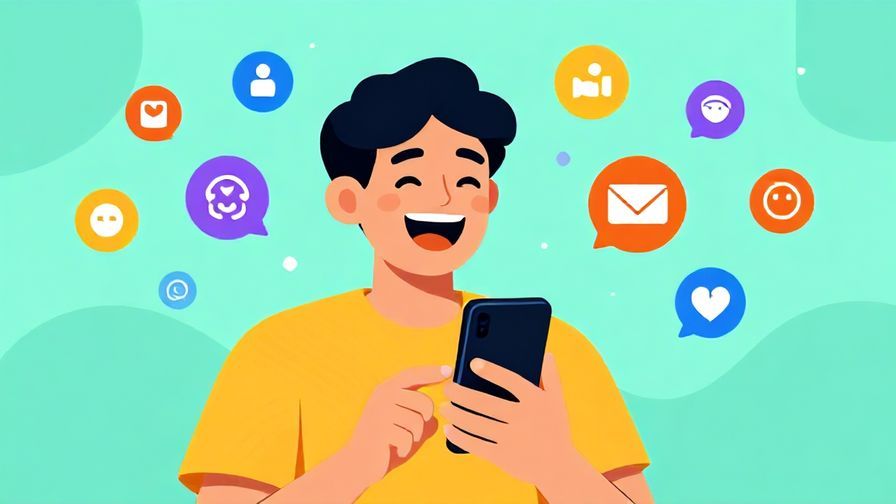 Illustration of a playful person laughing with a smartphone, surrounded by digital icons and cheerful colors