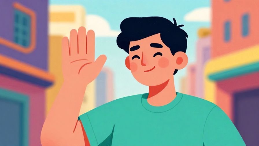 Illustration of a playful person raising a hand with a cheeky smile, colorful urban background, illustrated style