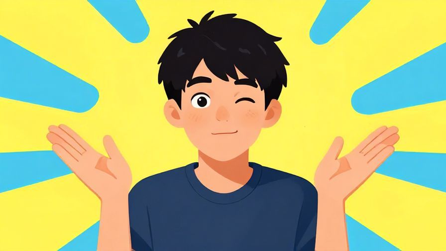 Illustration of a playful person rolling their eyes slightly, hands up as if defending themselves, bright playful background