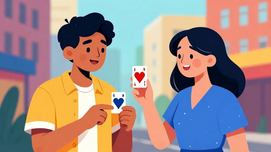 Illustration of a playful person slightly teasing a friend while showing a card, colorful urban background