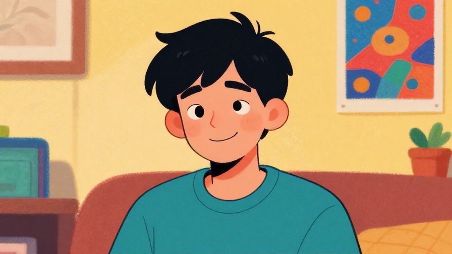 Illustration of a playful person with a smiling, slightly teasing expression, colorful room with posters and cozy vibe