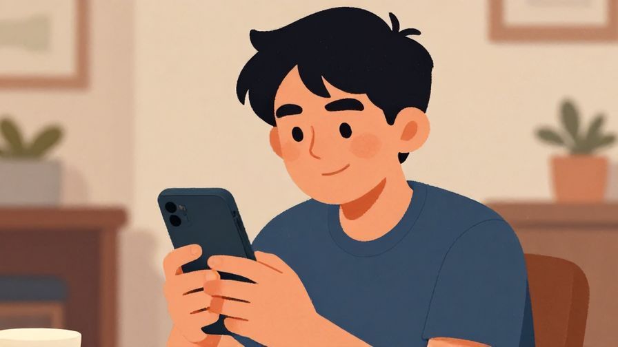 Illustration of a playful person with a teasing smile, holding a phone close, informal cozy room background