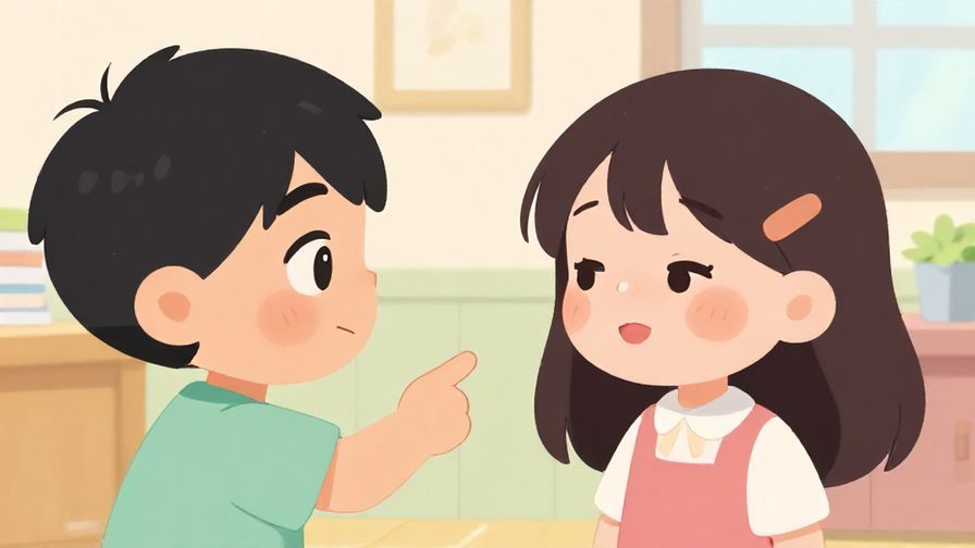 Illustration of a playful scene where a character points to a blushing friend with cute expressions and pastel surroundings
