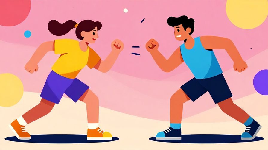 Illustration of a playful yet intense competition between two characters, vibrant and energetic setting