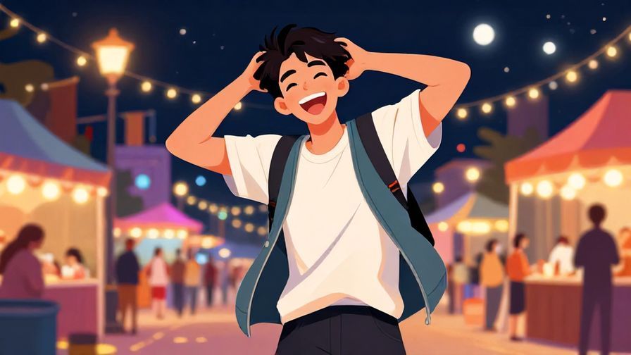 Illustration of a playful young man laughing with a casual pose, bright street festival scene at night, colorful lights