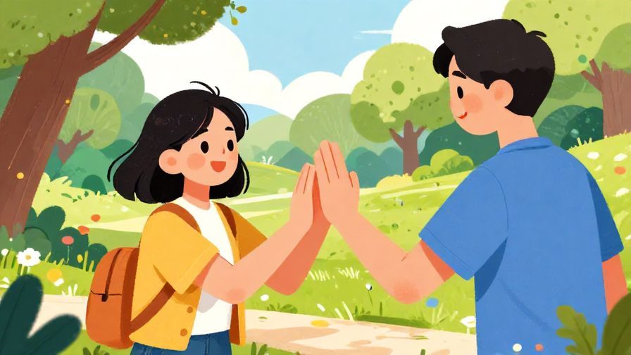 Illustration of a playful young person holding up a hand to stop a friend, bright park background, detailed background, vibrant colors, illustrated style