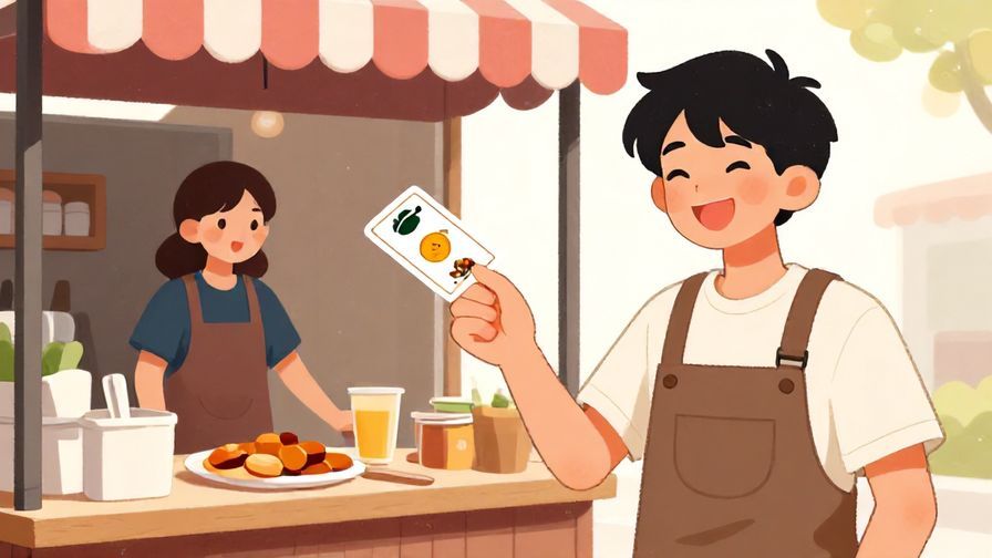 Illustration of a playful young person with a cheeky smile handing a card at a casual food stall