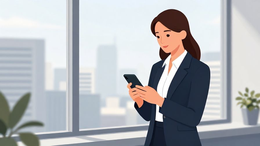 Illustration of a poised business person holding a phone, standing near a window overlooking cityscape, professional atmosphere