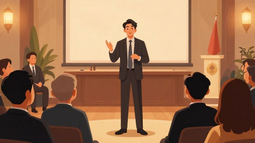 Illustration of a poised speaker addressing a formal gathering, audience attentive, warm indoor lighting