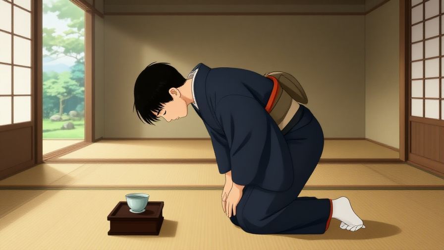 Illustration of a polite bow in a traditional Japanese room with soft afternoon light, serene and respectful mood