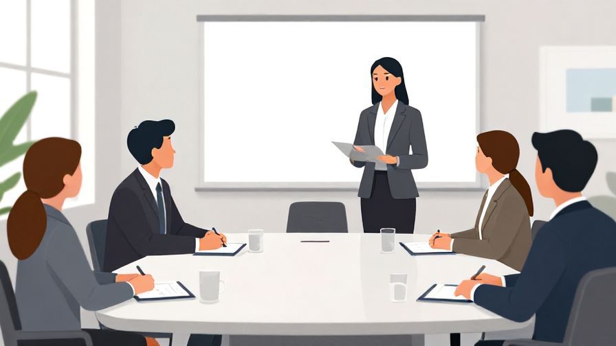 Illustration of a polite business meeting with a speaker and attentive listeners, bright modern office, calm atmosphere