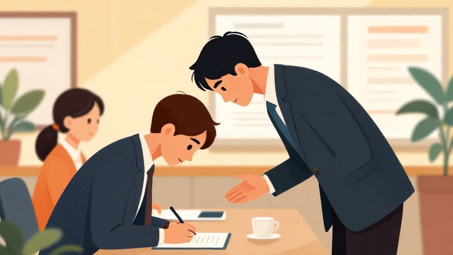 Illustration of a polite business person bowing slightly while speaking, an office meeting background, vibrant colors, illustrated style