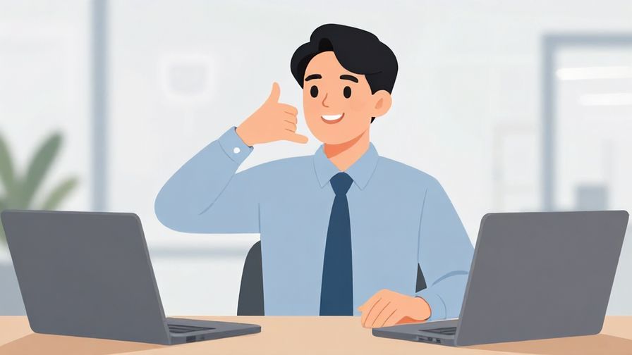 Illustration of a polite business person making a phone gesture with a gentle smile in a modern office