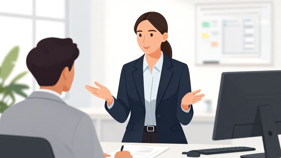 Illustration of a polite businessperson calmly explaining something in an office, bright professional atmosphere