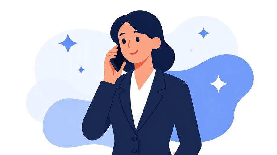 Illustration of a polite businesswoman speaking on the phone with a gentle smile, abstract shapes and stars in the background