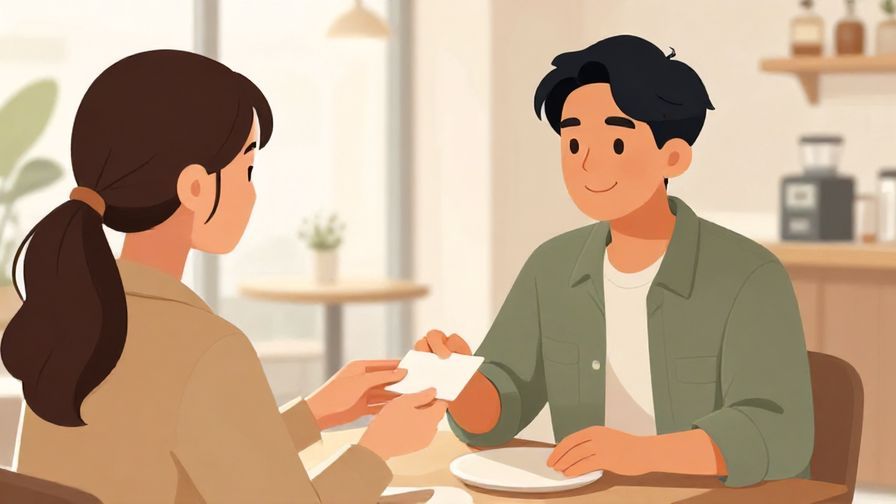 Illustration of a polite but casual customer giving a card with a gentle smile in a bright cafe