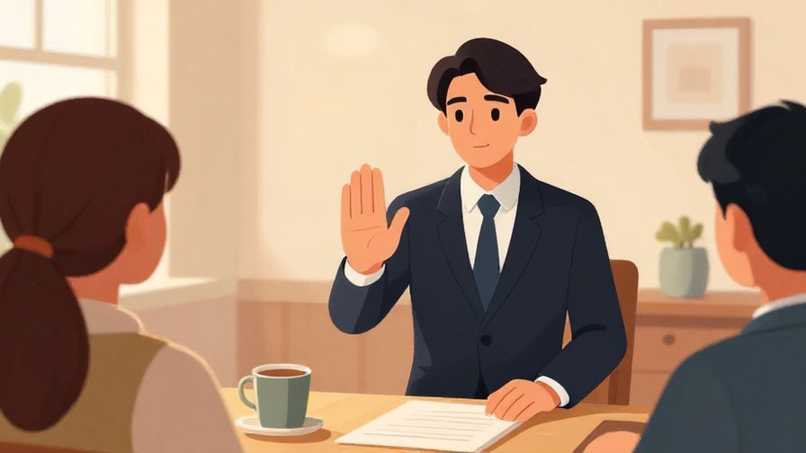 Illustration of a polite but firm person making a gentle stopping gesture, formal setting with calm lighting and attentive audience, vibrant colors, illustrated style