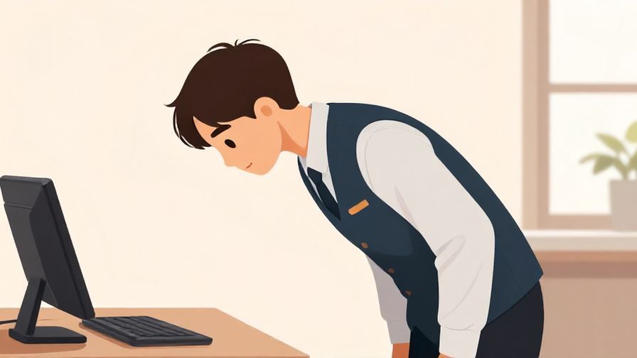 Illustration of a polite, composed person bowing slightly with a calm, professional indoor setting