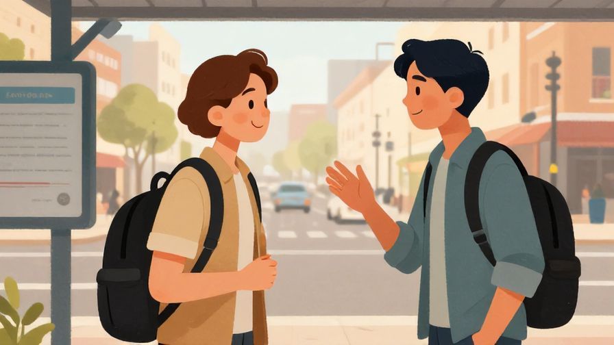 Illustration of a polite conversation between a traveler and a local at a bus stop, gentle smiles, detailed urban background