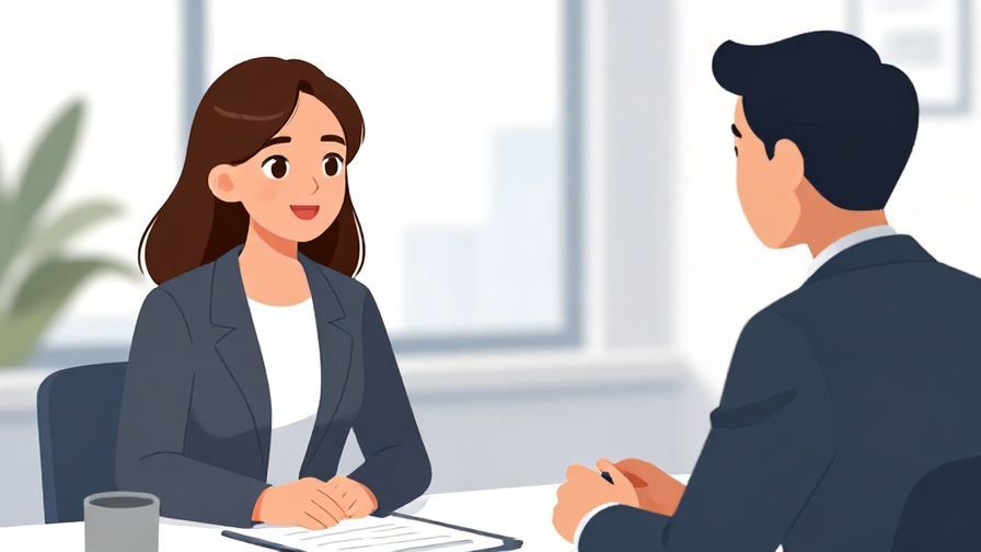 Illustration of a polite conversation between two people in a business setting, one respectfully asking a question, bright office background