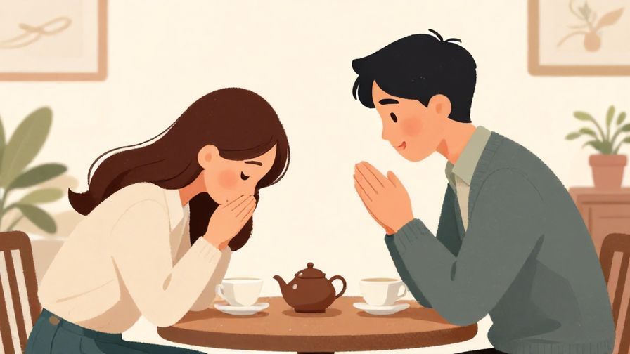 Illustration of a polite conversation in a tea room, one person bowing slightly while speaking, calm and respectful atmosphere