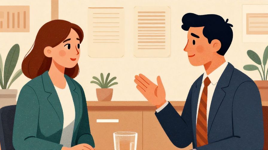 Illustration of a polite conversation with two business people, one suggesting gently with a questioning gesture, detailed background, vibrant colors, illustrated style