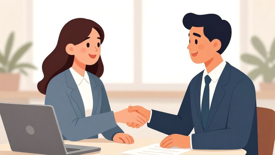 Illustration of a polite conversation with warm smiles exchanging thanks in a professional setting