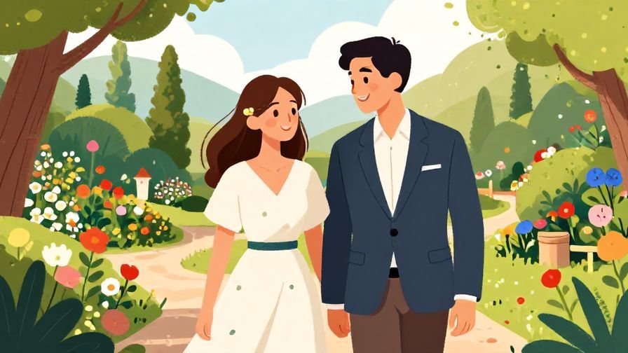 Illustration of a polite couple enjoying a scenic garden stroll, smiling gently, vibrant colors, illustrated style