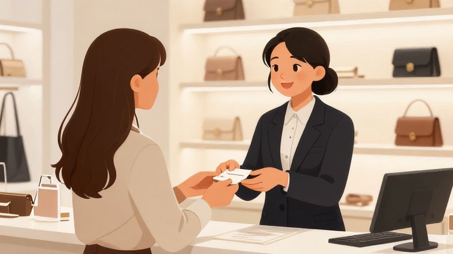 Illustration of a polite customer gently handing a card to a smiling cashier at a boutique store, with elegant shelves and soft lighting