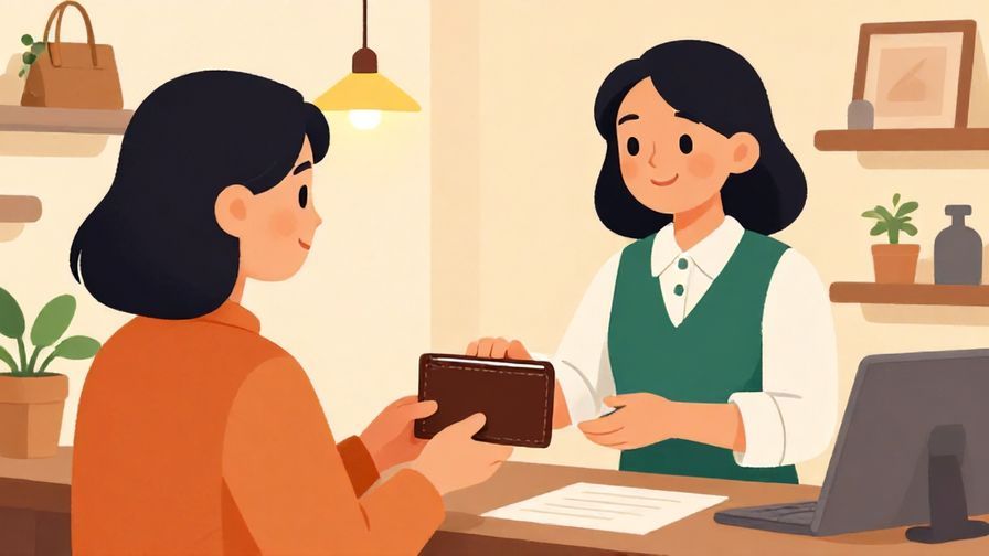 Illustration of a polite customer holding a wallet, asking a shop clerk with a gentle smile, cozy store background, vibrant colors, illustrated style