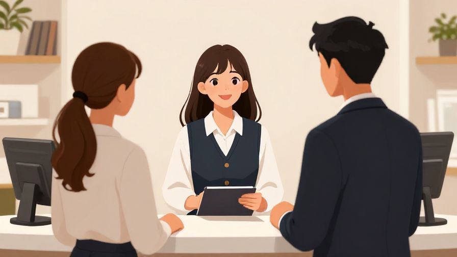 Illustration of a polite customer in a business suit asking a smiling cashier a question in an elegant, well-lit store