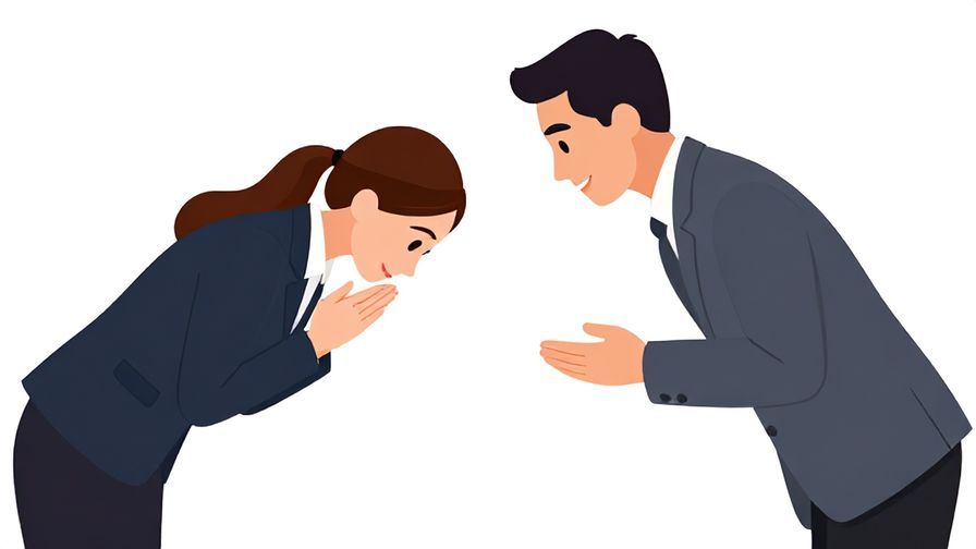 Illustration of a polite daytime meeting with two people bowing and exchanging smiles, formal clothing