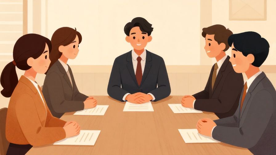 Illustration of a polite group in a meeting room nodding in agreement to a rest suggestion, warm lighting, formal attire, illustrated style