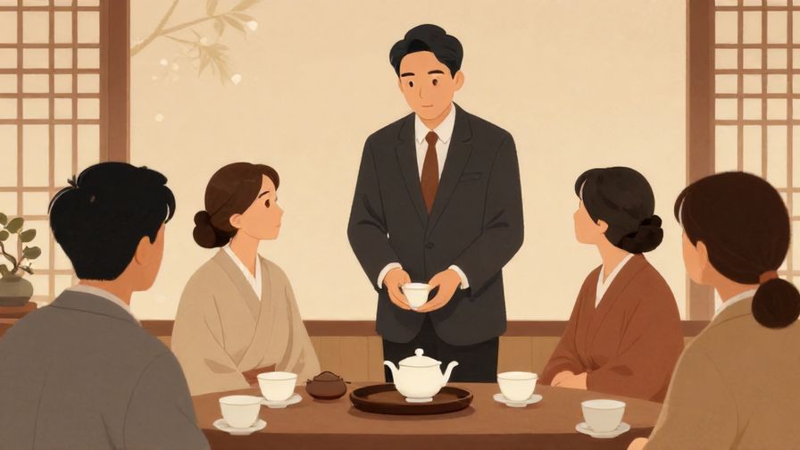 Illustration of a polite host gently announcing to guests at a tea ceremony, elegant traditional setting, soft lighting