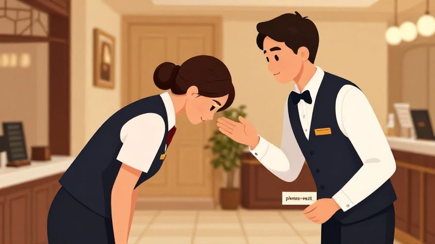 Illustration of a polite hotel staff member bowing slightly while signaling “please wait,” refined interior with warm colors